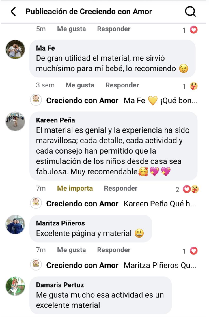 Comentarios reales de mamás en la página de Facebook Creciendo con Amor
